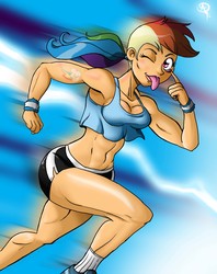 Size: 2128x2691 | Tagged: safe, artist:chillguydraws, rainbow dash, human, g4, abs, akanbe, armpits, belly button, breasts, busty rainbow dash, cutie mark, eyelid pull, female, high res, humanized, midriff, muscles, solo, tattoo, tongue out
