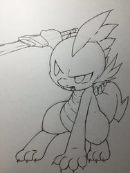 Size: 1536x2048 | Tagged: safe, artist:hashioaryut, spike, dragon, g4, lineart, male, solo, sword, traditional art, weapon