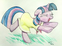 Size: 1000x750 | Tagged: safe, artist:michiito, twilight sparkle, pony, g4, sweet and elite, adorkable, clothes, cute, do the sparkle, dork, dress, eyes closed, female, floppy ears, grass, open mouth, raised leg, scene interpretation, smiling, solo, underhoof