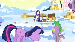 Size: 1100x618 | Tagged: safe, screencap, rarity, spike, twilight sparkle, pony, g4, winter wrap up, butt, eyes on the prize, female, looking at butt, mare, plot