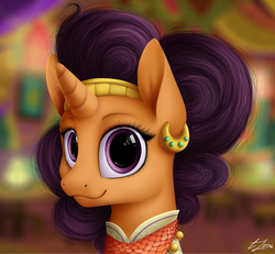 Size: 1300x1200 | Tagged: safe, artist:luminousdazzle, saffron masala, pony, unicorn, g4, spice up your life, bandana, chef, clothes, cute, ear piercing, female, indian, indian pony, looking at you, piercing, signature, smiling, solo, the tasty treat, wavy mouth