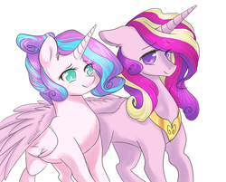 Size: 1020x820 | Tagged: safe, artist:yuyusunshine, princess cadance, princess flurry heart, g4, floppy ears, hug, mother and daughter, older, simple background, story in the source, winghug