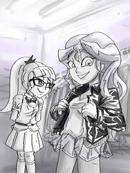 Size: 600x800 | Tagged: safe, artist:kul, sci-twi, sunset shimmer, twilight sparkle, equestria girls, g4, clothes, embarrassed, female, happy, leather jacket, monochrome, ponytail, store