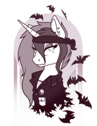 Size: 930x1200 | Tagged: safe, artist:28gooddays, princess luna, alicorn, bat, pony, g4, abstract background, clothes, ear piercing, female, headband, jacket, lidded eyes, looking at you, monochrome, piercing, portrait, punk, simple background, solo, transparent background