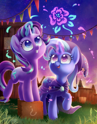 Size: 1593x2028 | Tagged: safe, artist:dawnfire, starlight glimmer, trixie, pony, unicorn, g4, box, clothes, colored pupils, cute, diatrixes, duo, female, fireworks, glimmerbetes, grin, looking up, magic, mare, open mouth, poster, question mark, raised hoof, signature, smiling, trixie's cape, trixie's hat