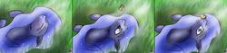 Size: 3072x725 | Tagged: safe, artist:tincantim, princess luna, butterfly, g4, comic, female, grass, on back, scared, solo