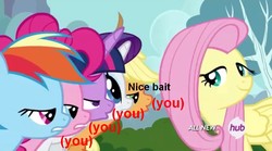 Size: 1280x714 | Tagged: safe, applejack, fluttershy, pinkie pie, rainbow dash, rarity, twilight sparkle, alicorn, pony, g4, (you), 4chan, image macro, mane six, meme, metaphor, twilight sparkle (alicorn)