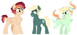 Size: 1655x756 | Tagged: safe, artist:dbkit, oc, oc only, oc:cherry bomber, oc:hightide, oc:kite runner, pegasus, pony, offspring, parent:dumbbell, parent:rainbow dash, parents:dumbdash, simple background, story included, transparent background, trio
