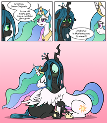 Size: 3574x4144 | Tagged: safe, artist:manual-monaro, princess celestia, queen chrysalis, alicorn, changeling, changeling queen, pony, g4, :o, blushing, comic, cuddling, cute, cutealis, cutelestia, dialogue, eye contact, eyes closed, female, floppy ears, frown, glare, gradient background, high res, hug, lesbian, looking at each other, mare, open mouth, raised hoof, ship:chryslestia, shipping, shocked, sitting, smiling, snuggling, speech bubble, unamused, wide eyes, winghug