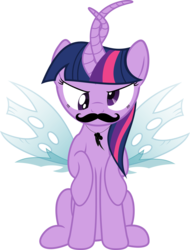 Size: 1198x1576 | Tagged: safe, artist:waveywaves, twilight sparkle, g4, changeling wings, derp, female, horn, moustache, multiple horns, multiple limbs, simple background, solo, spell gone wrong, transparent background, transparent wings, wat, what has magic done, wings