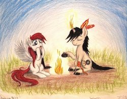 Size: 1012x789 | Tagged: safe, artist:thefriendlyelephant, oc, oc only, oc:blaze ignite, oc:mooncatcher, pegasus, pony, unicorn, belly button, clothes, feather, fire, grass, ribbon, scarf, surprised, traditional art, unshorn fetlocks, wings