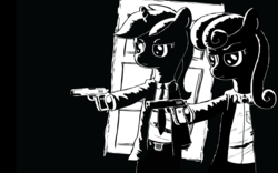 Size: 1920x1200 | Tagged: safe, artist:why485, bon bon, lyra heartstrings, sweetie drops, earth pony, pony, unicorn, g4, bipedal, black and white, female, grayscale, gun, handgun, mare, monochrome, pistol, pulp fiction, weapon