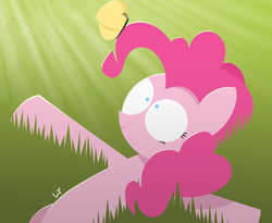 Size: 3508x2875 | Tagged: safe, artist:limejerry, pinkie pie, butterfly, g4, female, grass, high res, on back, solo