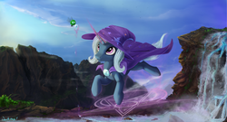 Size: 3888x2103 | Tagged: safe, artist:1deathpony1, trixie, parasprite, pony, unicorn, g4, cliff, female, flying, high res, magic, magic circle, scenery, scenery porn, solo, telekinesis, water, water droplet, waterfall