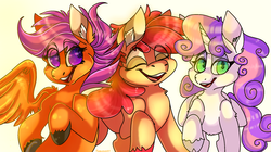 Size: 2175x1218 | Tagged: safe, artist:plaguedogs123, apple bloom, scootaloo, sweetie belle, earth pony, pegasus, pony, unicorn, g4, cutie mark crusaders, open mouth