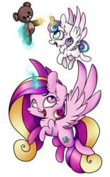 Size: 1024x1653 | Tagged: safe, artist:cutepencilcase, princess cadance, princess flurry heart, g4, cute, cutedance, flurrybetes, flying, magic, mother and daughter, simple background, teddy bear, telekinesis, transparent background