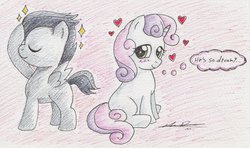 Size: 1024x607 | Tagged: safe, artist:nokills-clan196, rumble, sweetie belle, g4, blushing, colt, female, filly, foal, heart, male, ship:rumbelle, shipping, sitting, straight, thought bubble, traditional art