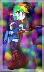 Size: 800x1316 | Tagged: dead source, safe, artist:vixelzf, rainbow dash, equestria girls, g4, clothes, crossed legs, electric guitar, female, guitar, musical instrument, socks, solo, thigh highs