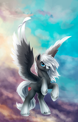 Size: 1832x2836 | Tagged: safe, artist:l1nkoln, oc, oc only, oc:sacred blade, pegasus, pony, hair over one eye, looking at you, raised leg, rearing, smiling, solo, spread wings, unshorn fetlocks