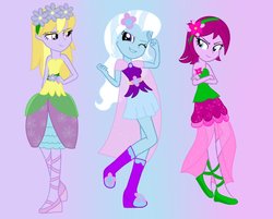 Size: 998x801 | Tagged: safe, artist:spgzminty55, fuchsia blush, lavender lace, trixie, equestria girls, g4, my little pony equestria girls: legend of everfree, boots, crystal gala, flower, flower in hair, high heel boots, high heels