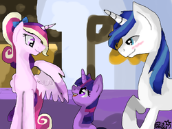 Size: 1024x768 | Tagged: safe, artist:emilyspark, princess cadance, shining armor, twilight sparkle, g4, blushing, filly, younger