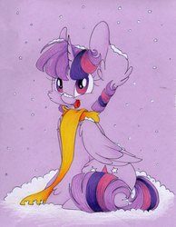 Size: 2163x2788 | Tagged: safe, artist:cutepencilcase, twilight sparkle, alicorn, pony, g4, cheek fluff, chest fluff, clothes, cute, ear fluff, female, fluffy, high res, scarf, sitting, snow, snowfall, solo, traditional art, twiabetes, twilight sparkle (alicorn)