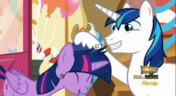 Size: 1200x658 | Tagged: safe, screencap, shining armor, twilight sparkle, alicorn, pony, unicorn, g4, the one where pinkie pie knows, brother and sister, discovery family logo, female, male, mare, ruffled hair, siblings, stallion, twilight sparkle (alicorn)