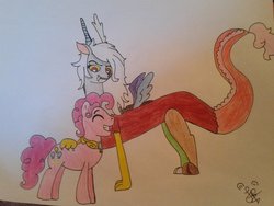 Size: 1024x768 | Tagged: safe, artist:fuzzyypanda, discord, pinkie pie, g4, eris, rule 63, traditional art