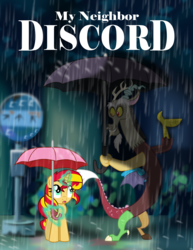 Size: 5103x6597 | Tagged: safe, artist:sonicgirl313, discord, sunset shimmer, pony, unicorn, g4, absurd resolution, crossover, my neighbor totoro, parody