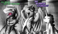 Size: 1250x725 | Tagged: safe, artist:jamescorck, spike, twilight sparkle, oc, oc:movie slate, alicorn, hammerhead shark, pony, shark, g4, hammerhead (film), mad scientist, twilight sparkle (alicorn), unamused