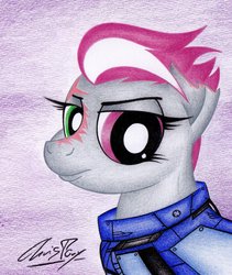 Size: 1024x1211 | Tagged: safe, artist:thechrispony, oc, oc only, oc:hired gun, earth pony, pony, fallout equestria, fallout equestria: heroes, alternate hairstyle, armor, bust, colored pencil drawing, crossover, earth pony oc, facial scar, fanfic art, heterochromia, overwatch, portrait, prosthetic eye, prosthetics, scar, solo, torn ear, traditional art, zarya