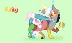 Size: 1024x611 | Tagged: safe, artist:rurity, discord, princess celestia, g4, 1192001st post, eris, female, funny tower day id, half r63 shipping, lesbian, rule 63, ship:celesteris, ship:dislestia, shipping, simple background, straight, tower day id post