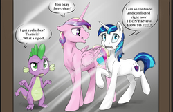 Size: 1200x776 | Tagged: safe, artist:silfoe, princess cadance, shining armor, spike, alicorn, dragon, pony, unicorn, royal sketchbook, g4, barb, dialogue, gleaming shield, implied transformation, mirror, prince bolero, rule 63