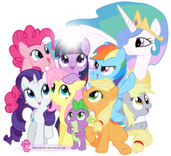 Size: 4000x3646 | Tagged: safe, artist:ravenevert, applejack, derpy hooves, fluttershy, pinkie pie, princess celestia, rainbow dash, rarity, spike, twilight sparkle, pegasus, pony, g4, cute, female, glowing horn, group shot, high res, horn, magic, mane seven, mane six, mare, open mouth, simple background, transparent background, vector