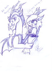 Size: 762x1048 | Tagged: safe, artist:perpetualspectrum, discord, g4, eris, rule 63, shipping denied, traditional art