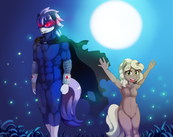 Size: 2926x2323 | Tagged: safe, artist:freedomthai, oc, oc only, oc:eclipse, oc:sarah, earth pony, unicorn, anthro, abs, armpits, barbie doll anatomy, belly button, breasts, cape, clothes, duo, fangs, featureless crotch, full moon, glowing eyes, high res, looking at you, moon, night, open mouth, pubic fluff, smiling, stars, topless