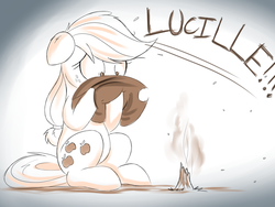 Size: 1280x960 | Tagged: safe, artist:ncmares, applejack, earth pony, pony, g4, big-apple-pony, broken, covering, cowboy hat, dialogue, female, giant pony, hat, macro, monochrome, shocked, sitting, solo, stetson, this ended in tears, tree