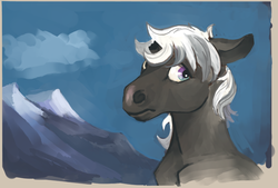 Size: 1345x909 | Tagged: safe, artist:spectralunicorn, oc, oc only, oc:broken horn, pony, unicorn, broken horn, bust, floppy ears, horn, looking at you, mountain, portrait, sky, solo