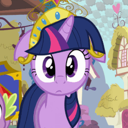 Size: 454x454 | Tagged: safe, screencap, spike, twilight sparkle, dragon, pony, unicorn, g4, magical mystery cure, animated, big crown thingy, cute, element of magic, female, floppy ears, frown, gif, jewelry, looking at you, looking away, male, mare, regalia, solo focus, twiabetes, unicorn twilight, wide eyes