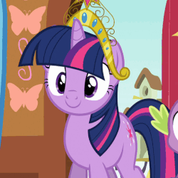 Size: 506x506 | Tagged: safe, screencap, spike, twilight sparkle, dragon, pony, unicorn, g4, magical mystery cure, :d, animated, big crown thingy, cute, element of magic, female, jewelry, looking at each other, male, mare, open mouth, regalia, smiling, solo focus, twiabetes, unicorn twilight