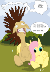 Size: 2368x3376 | Tagged: safe, artist:ajpart, fluttershy, oc, oc:heartbreak, earth pony, pegasus, pony, g4, canon x oc, cyan eyes, dialogue, facial expressions, female, flower, high res, hole, hug, human in equestria, human to pony, male to female, mare, messy mane, my little heartbreak, paralyzed, prone, rule 63, shipping, winghug