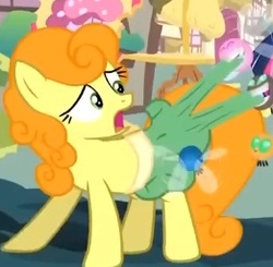 Size: 261x256 | Tagged: safe, screencap, carrot top, golden harvest, parasprite, pony, g4, swarm of the century, clothes, eating, skirt, skirt pull