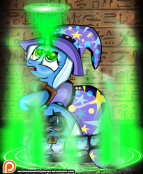 Size: 6187x7553 | Tagged: safe, artist:iamthemanwithglasses, trixie, pony, unicorn, g4, absurd resolution, crossover, duel disk, female, hieroglyphics, mare, seal of orichalcos, solo, yu-gi-oh!