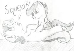 Size: 1280x879 | Tagged: safe, artist:bronyguard, scootaloo, sweetie belle, g4, 30 minute art challenge, chest fluff, monochrome, open mouth, sketch, squeaky belle, traditional art