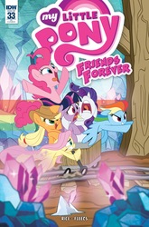 Size: 1054x1600 | Tagged: safe, artist:trish forstner, idw, applejack, fluttershy, pinkie pie, rainbow dash, rarity, twilight sparkle, earth pony, pegasus, pony, unicorn, friends forever #33, g4, my little pony: friends forever, spoiler:comic, cover, crystal, female, mane six, mare, mine, minecart