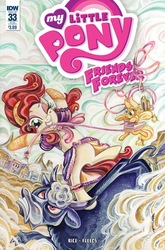 Size: 1054x1600 | Tagged: safe, artist:sara richard, idw, applejack, cherry jubilee, bull, friends forever #33, g4, my little pony: friends forever, spoiler:comic, cover