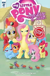 Size: 1054x1600 | Tagged: safe, artist:lupi mgginty, idw, apple bloom, big macintosh, cup cake, derpy hooves, fluttershy, mayor mare, rainbow dash, scootaloo, sweetie belle, ladybug, pegasus, pony, g4, spoiler:comic, spoiler:comic47, cover, cutie mark crusaders, female, male, mare, stop sign