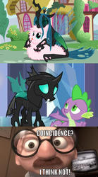 Size: 622x1116 | Tagged: safe, queen chrysalis, spike, thorax, oc, oc:fluffle puff, changeling, dragon, pony, tumblr:ask fluffle puff, g4, the times they are a changeling, bernie kropp, canon x oc, coincidence i think not, comparison, female, lesbian, male, mare, meme, ship:chrysipuff, shipping, the incredibles