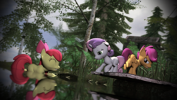 Size: 1920x1080 | Tagged: safe, artist:johnflaherty, apple bloom, scootaloo, sweetie belle, earth pony, pegasus, pony, unicorn, g4, 3d, cutie mark crusaders, gmod, lake, swimming, this will end in tears and/or laughter, water