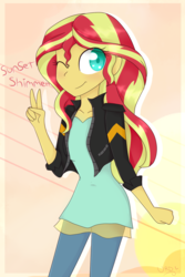Size: 918x1374 | Tagged: dead source, safe, artist:ultrard, sunset shimmer, equestria girls, g4, clothes, colored pupils, cute, female, leather jacket, one eye closed, peace sign, shimmerbetes, solo, wink